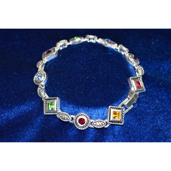 Premier Designs Silver Tone Links Bracelet Multicolored Gemstone Stone Art Deco - Picture 1 of 11